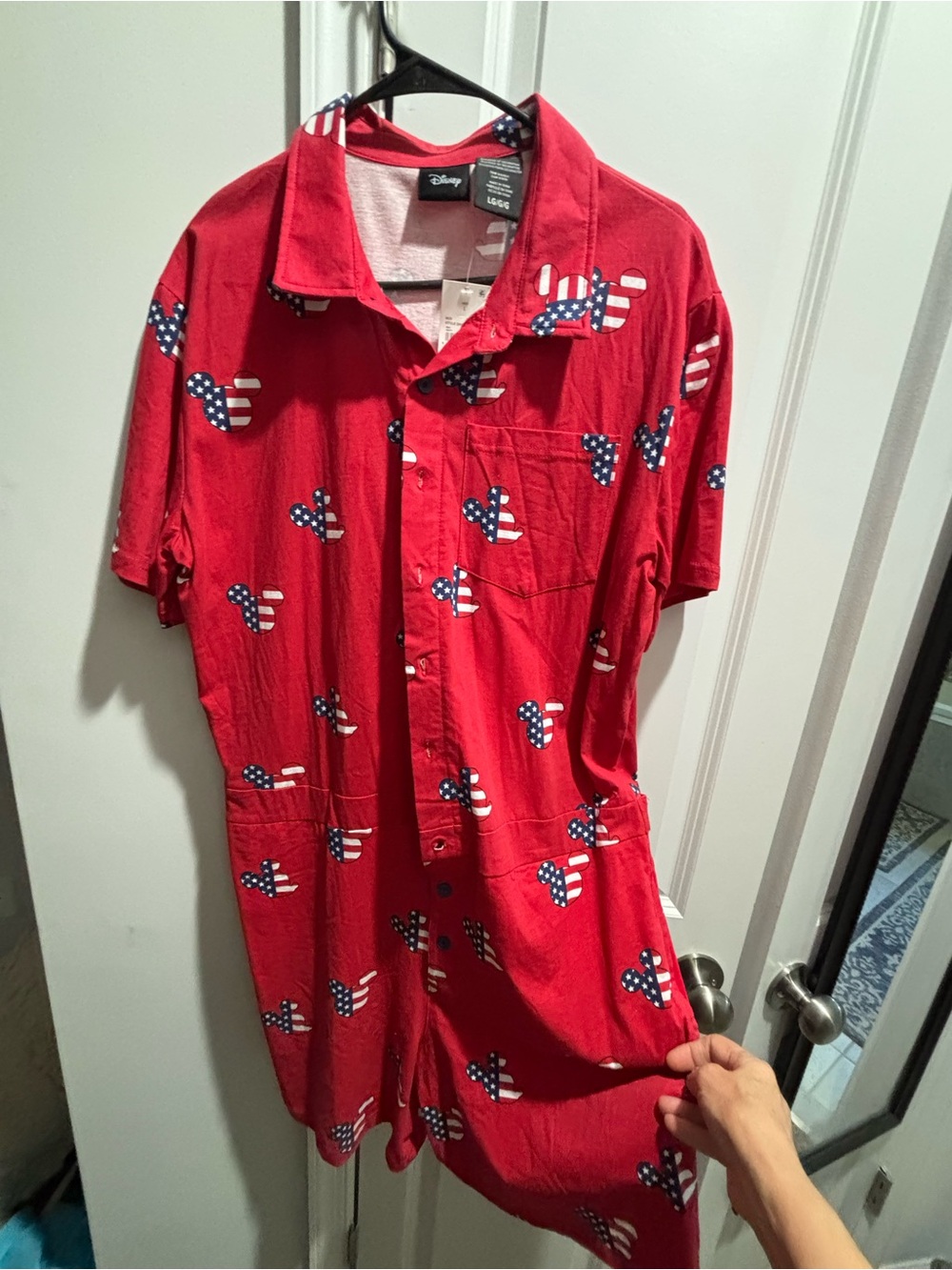 Disney Red Short-Sleeve Button Romper with American Flag Mickey Heads
